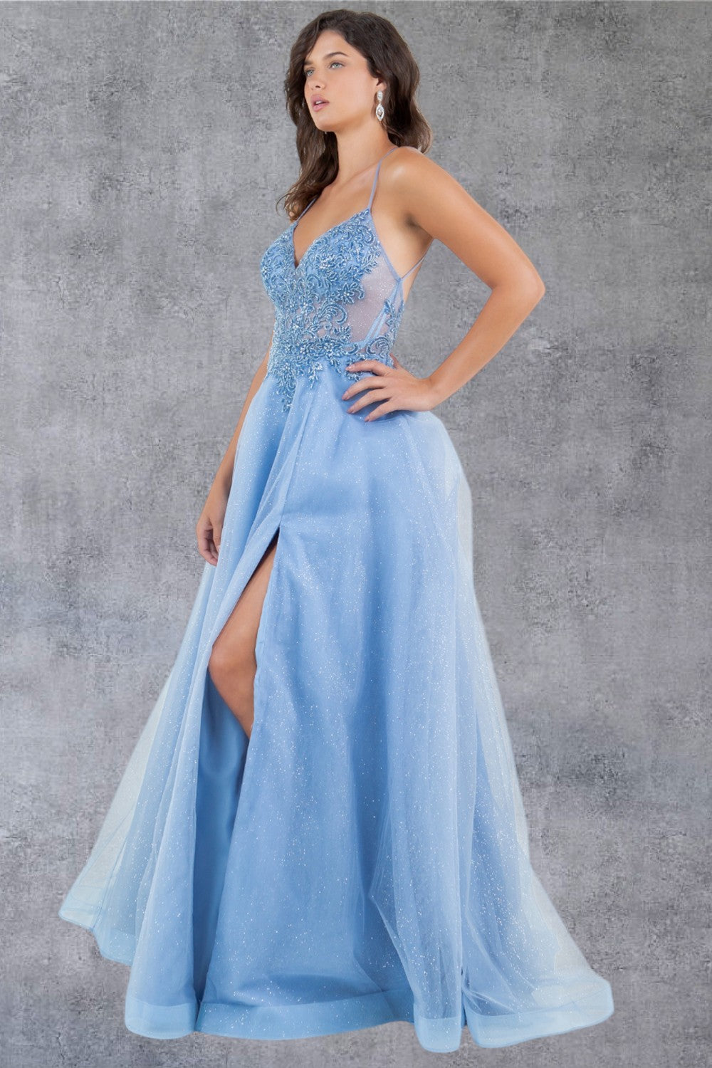 Cinderella Couture 8275J Long Beaded Formal A Line Lace Prom Dress
