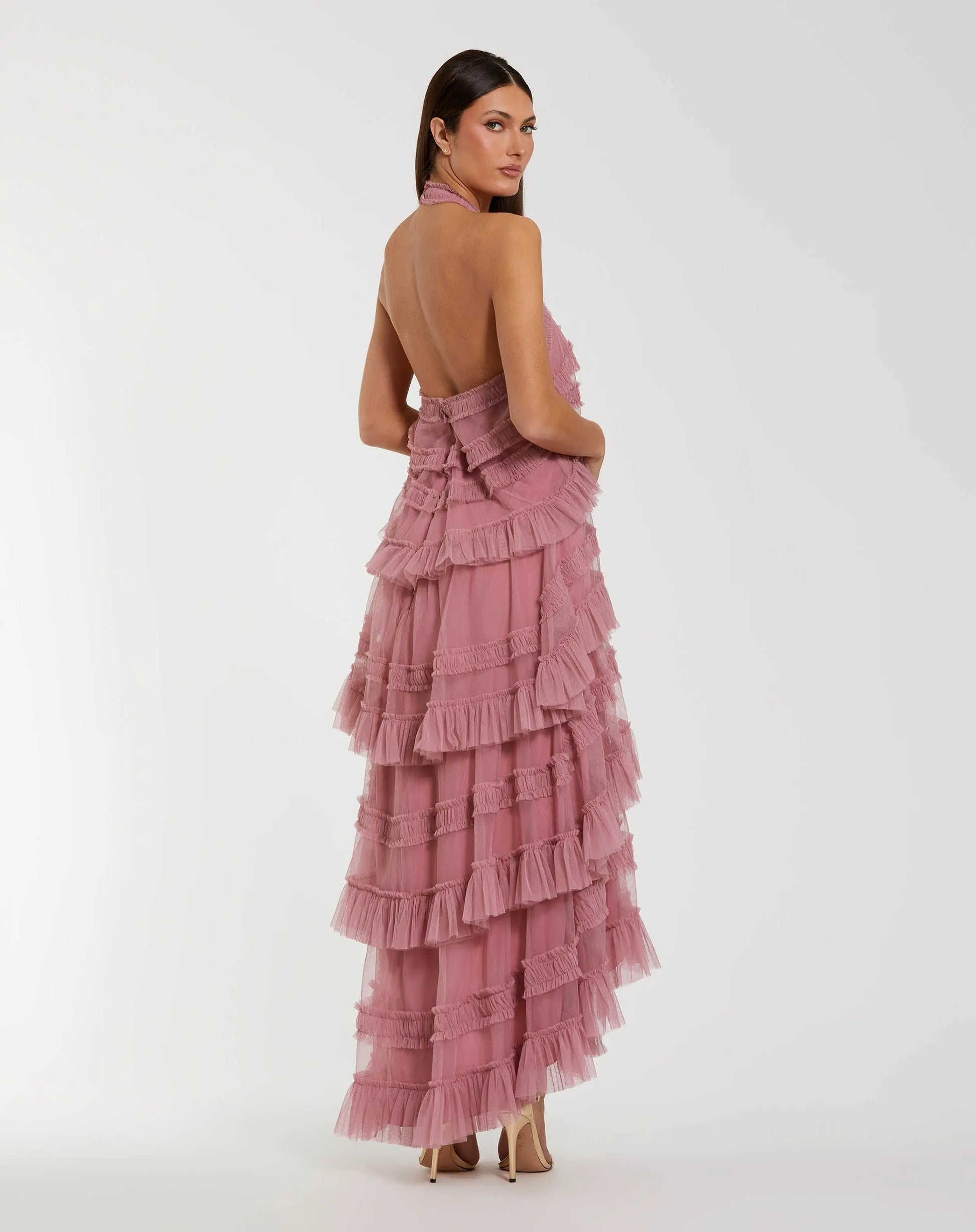Cocktail Dresses High Low Cocktail Dress - Ruffle - Mac Duggal 8276 Rose-Mesh-8276-Tiered