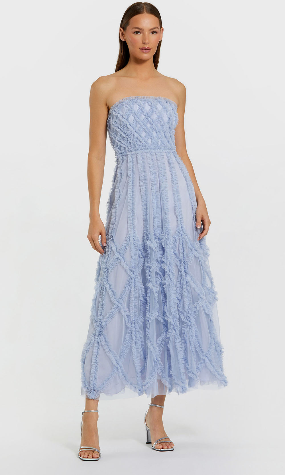Periwinkle Strapless Midi Tulle Cocktail Dress with Ruffled Diamond Detail Mac Duggal 8277