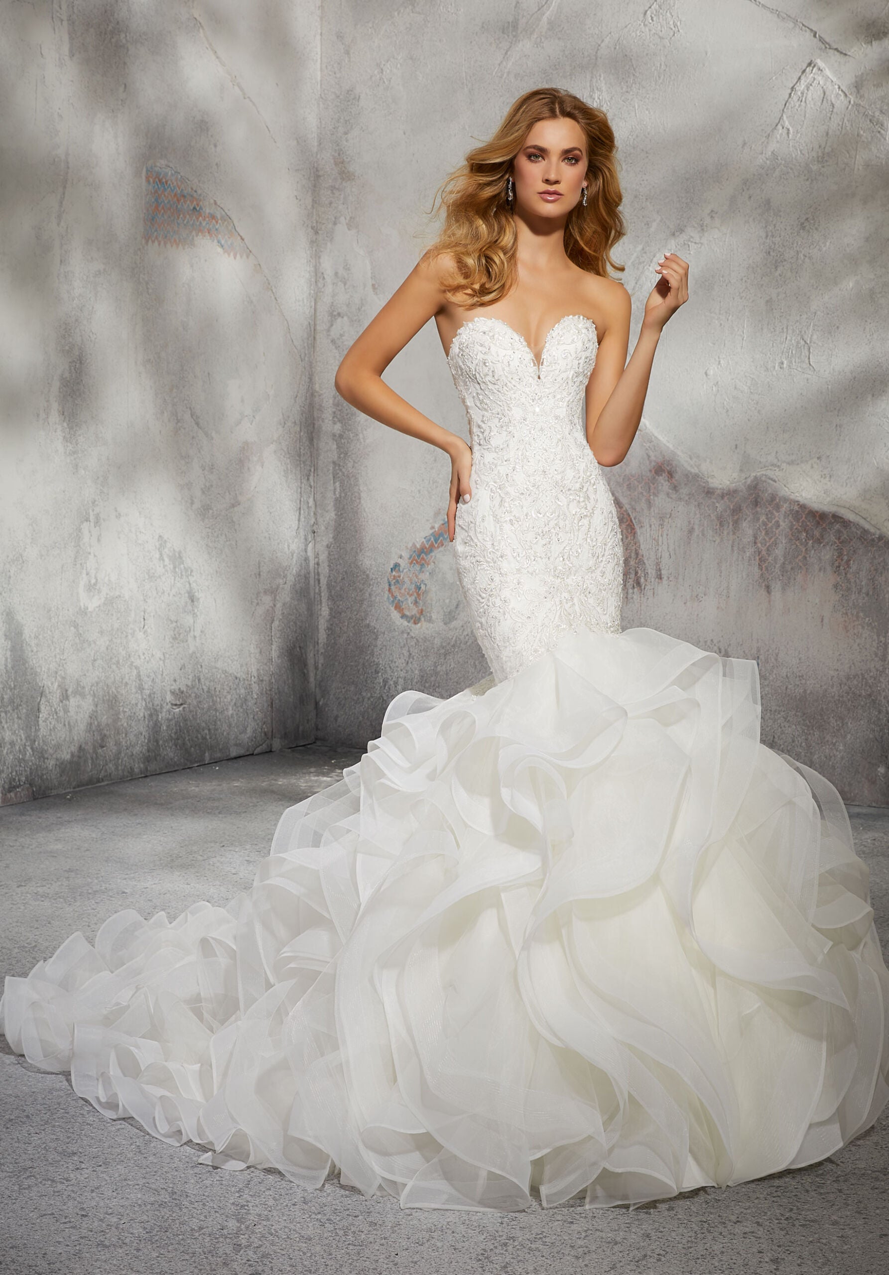 Wedding Dresses Long Ruffle Mermaid Wedding Bridal Dress MGNY Madeline Gardner New York 8282 Ivory