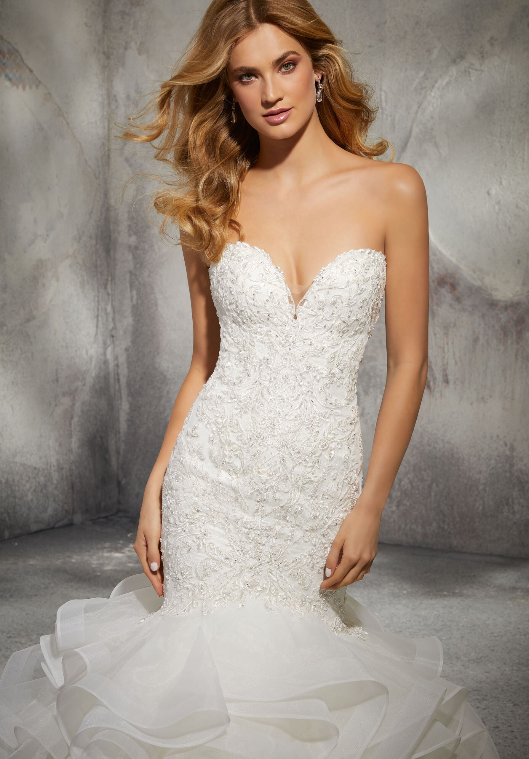 Wedding Dresses Long Ruffle Mermaid Wedding Bridal Dress MGNY Madeline Gardner New York 8282 Ivory