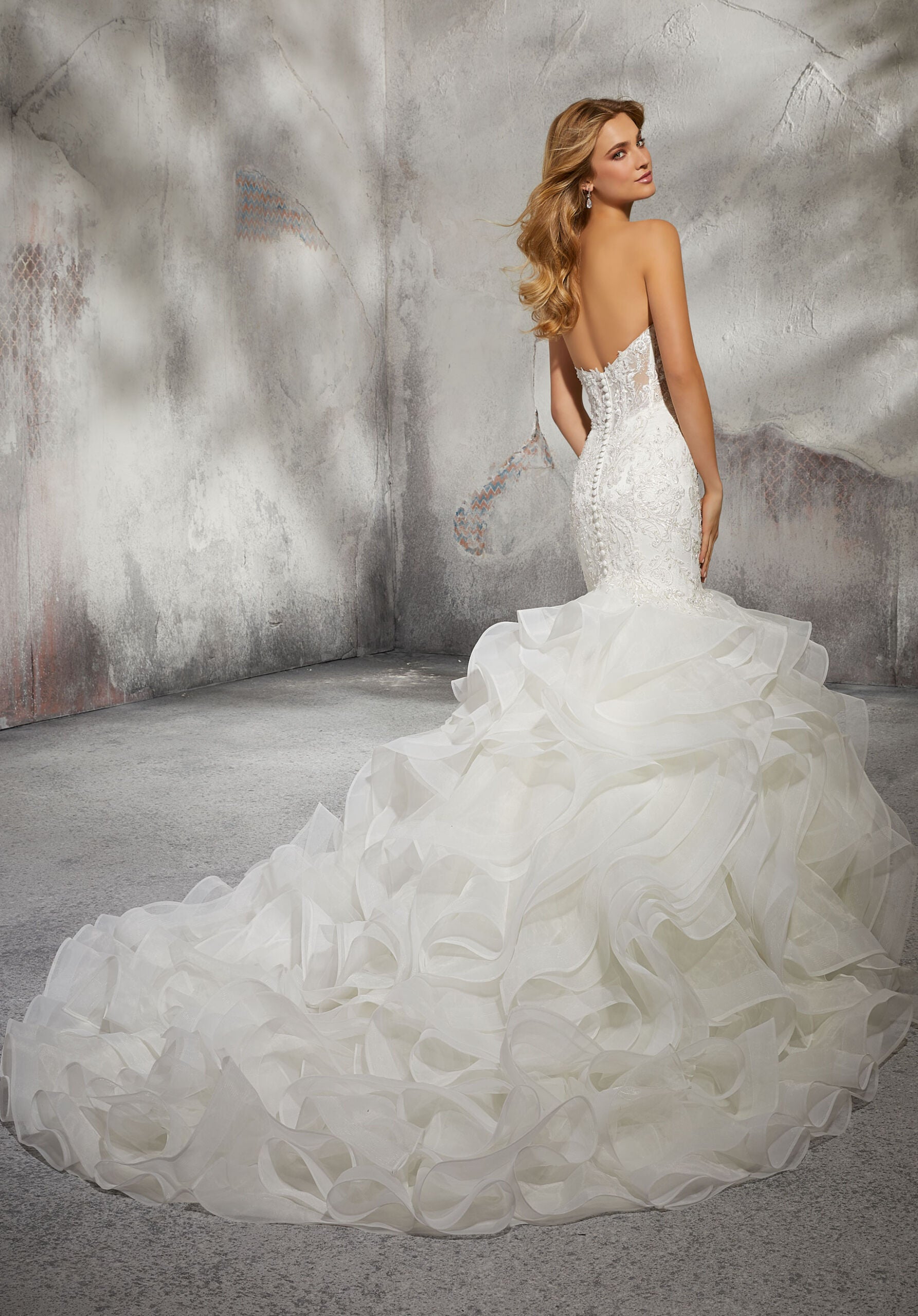 Wedding Dresses Long Ruffle Mermaid Wedding Bridal Dress MGNY Madeline Gardner New York 8282 Ivory