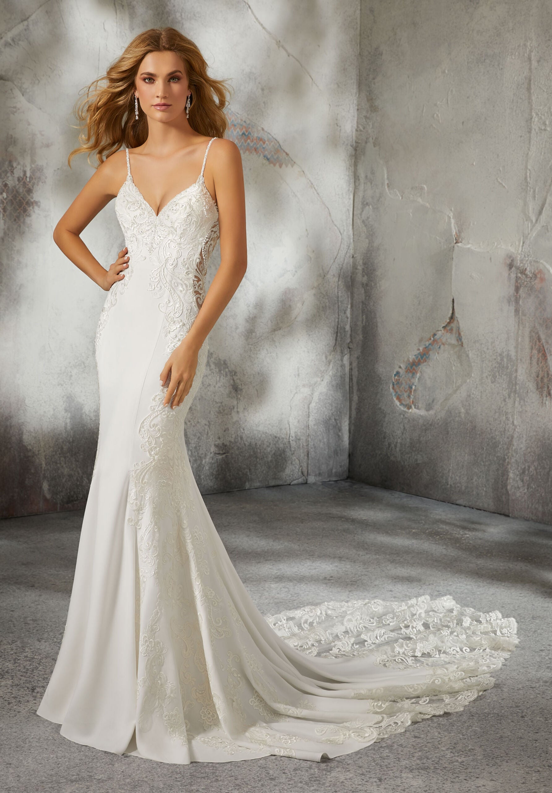 Wedding Dresses Beaded Fitted Long Wedding Bridal Dress MGNY Madeline Gardner New York 8283 Ivory
