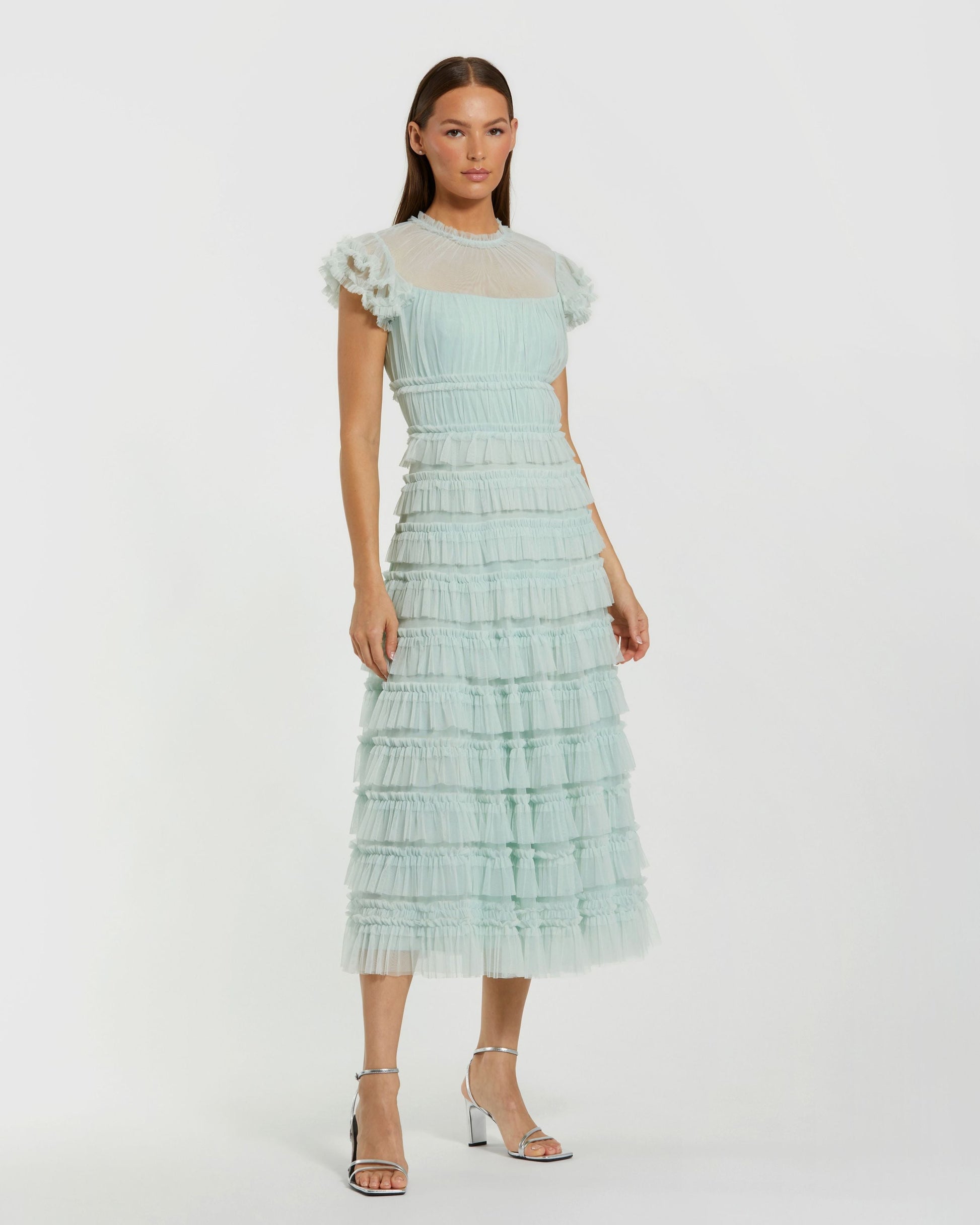 Green Mesh Micro Ruffle High Neck Midi Dress | Mac Duggal Mint / US 10 Green Mesh Micro Ruffle High Neck Midi Dress | Mac Duggal Mint / US 10