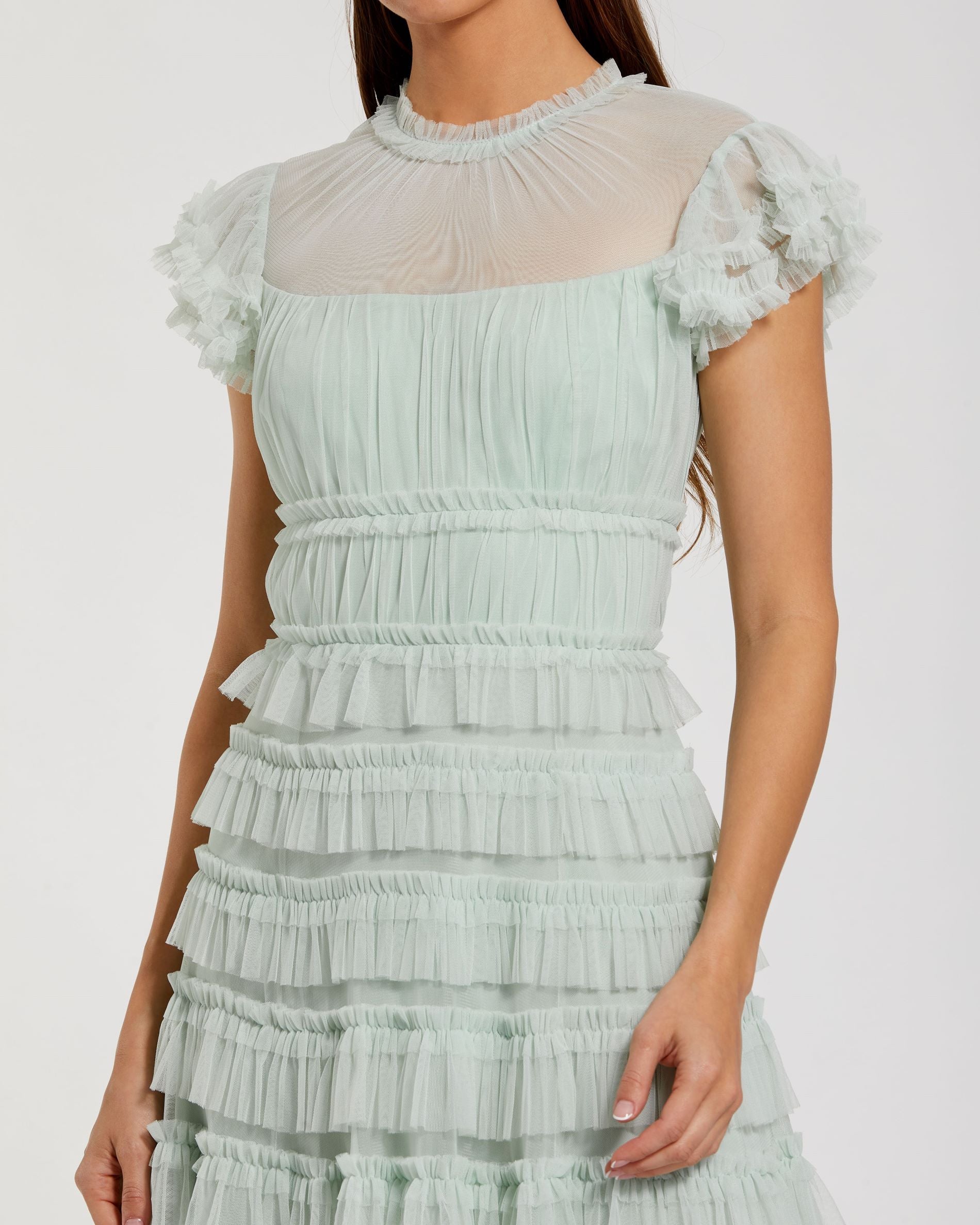 Green Mesh Micro Ruffle High Neck Midi Dress | Mac Duggal Mint / US 10 Green Mesh Micro Ruffle High Neck Midi Dress | Mac Duggal Mint / US 10