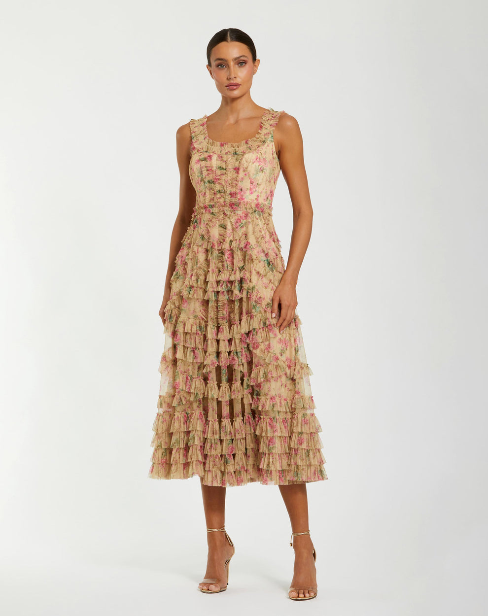Cocktail Dresses Floral Print Midi Ruffle Short Cocktail Dress Mac Duggal 8293 Beige Multi