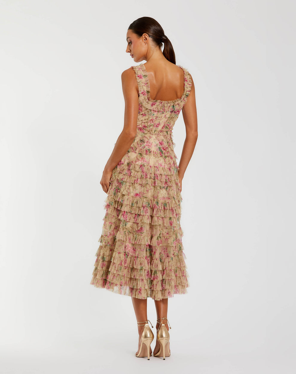 Cocktail Dresses Floral Print Midi Ruffle Short Cocktail Dress Mac Duggal 8293 Beige Multi