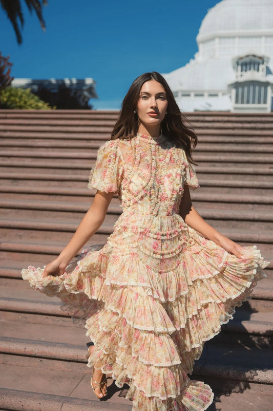 Cocktail Dresses Floral Short Cocktail Ruffle Print Dress Ivory Multi