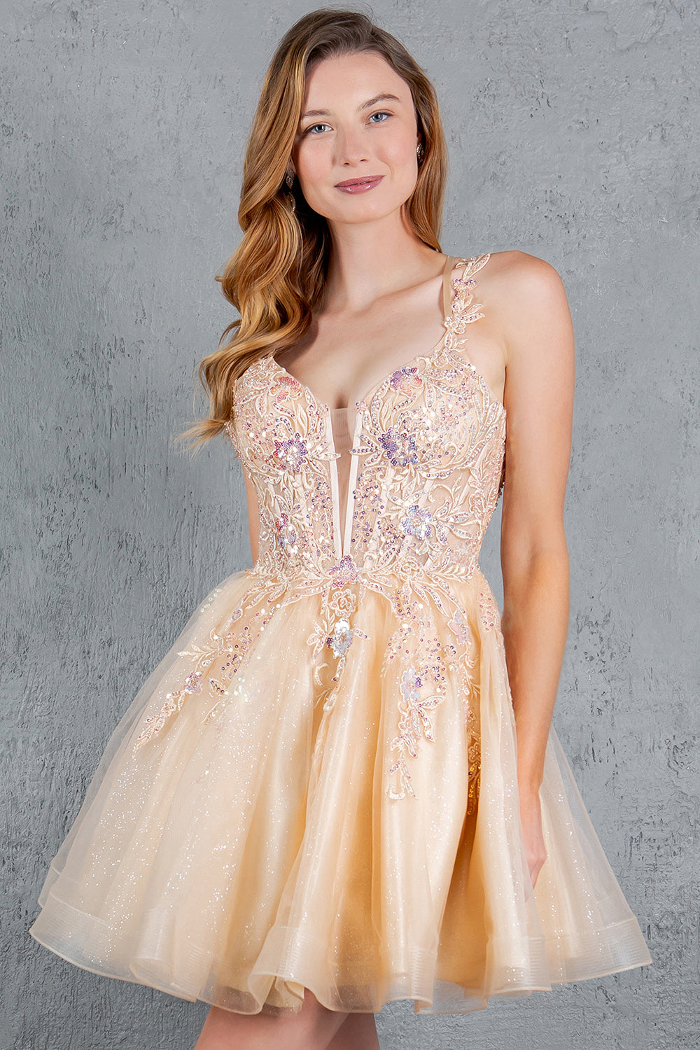 Cocktail Dresses Floral Lace Applique Short A Line Cocktail Dress Cinderella Couture 8298J Champagne