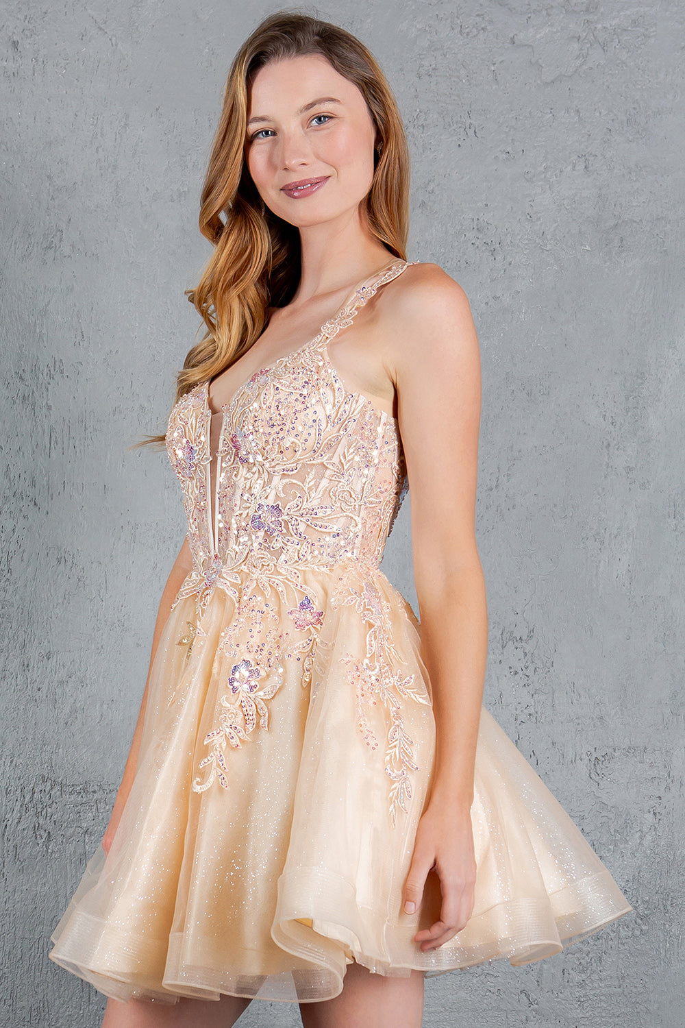Cocktail Dresses Floral Lace Applique Short A Line Cocktail Dress Cinderella Couture 8298J Champagne
