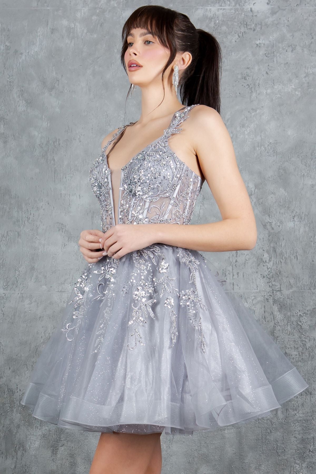 Cocktail Dresses Floral Lace Applique Short A Line Cocktail Dress Cinderella Couture 8298J Silver