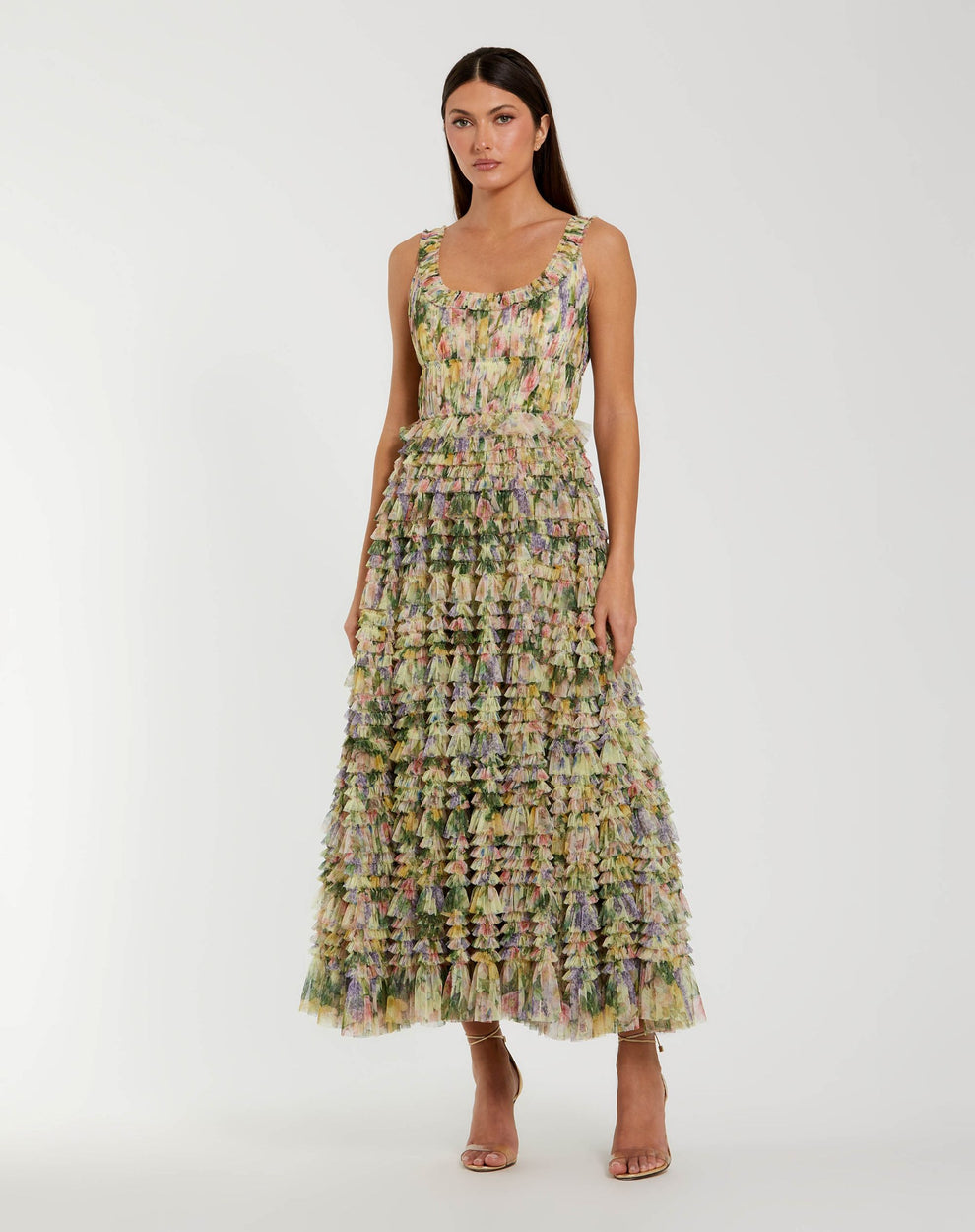 Cocktail Dresses Print Tea Length Ruffle Short Cocktail Dress Mac Duggal 8299 Yellow Multi