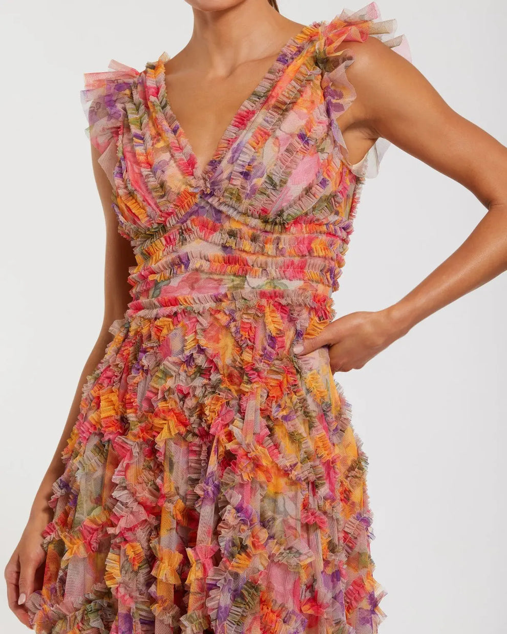 Cocktail Dresses Floral Tea Length Ruffle Short Cocktail Dress Mac Duggal 8303 Multi