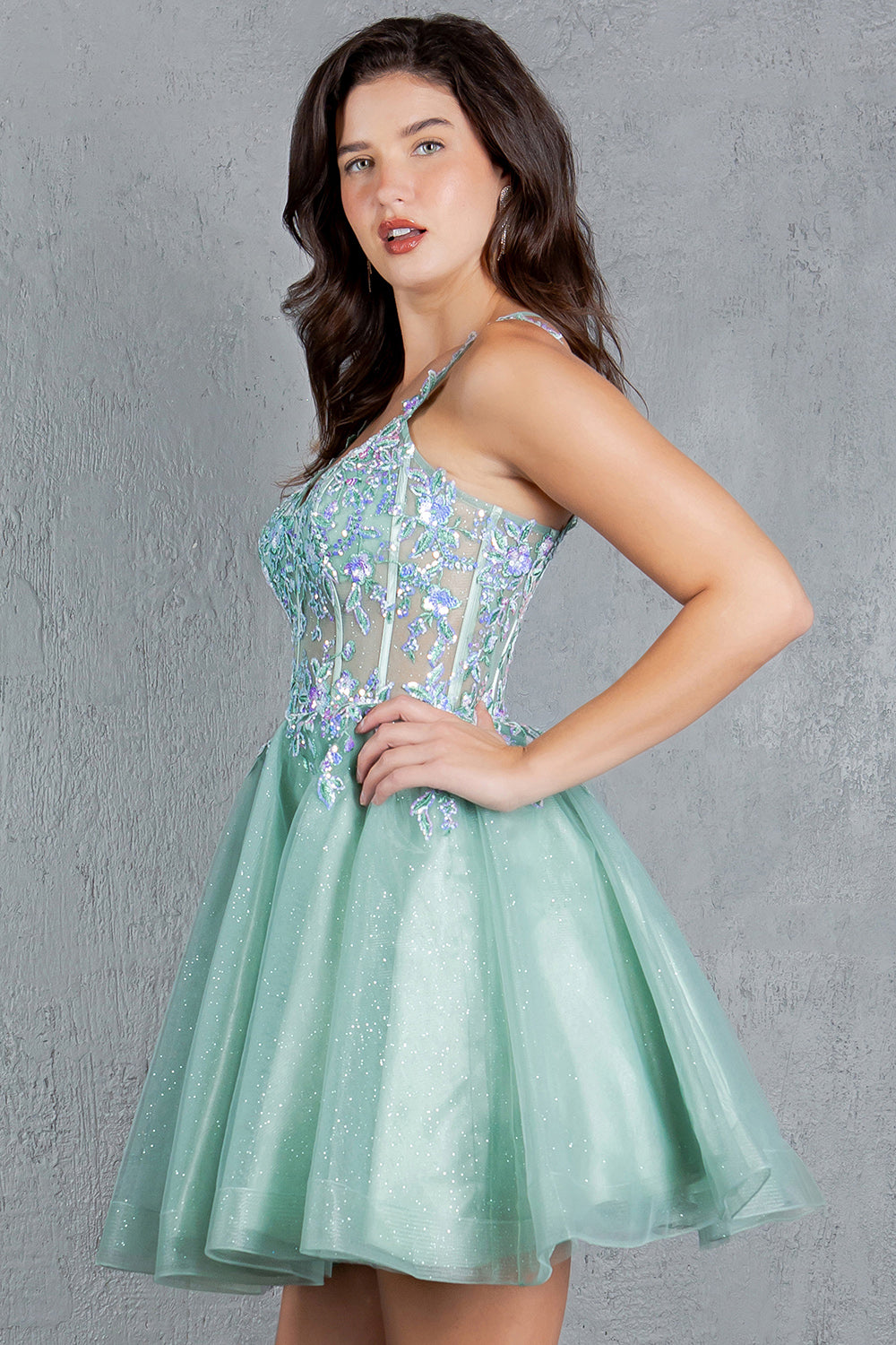 Cocktail Dresses A Line Floral Applique Short Homecoming Dress Cinderella Couture 8305J Sage