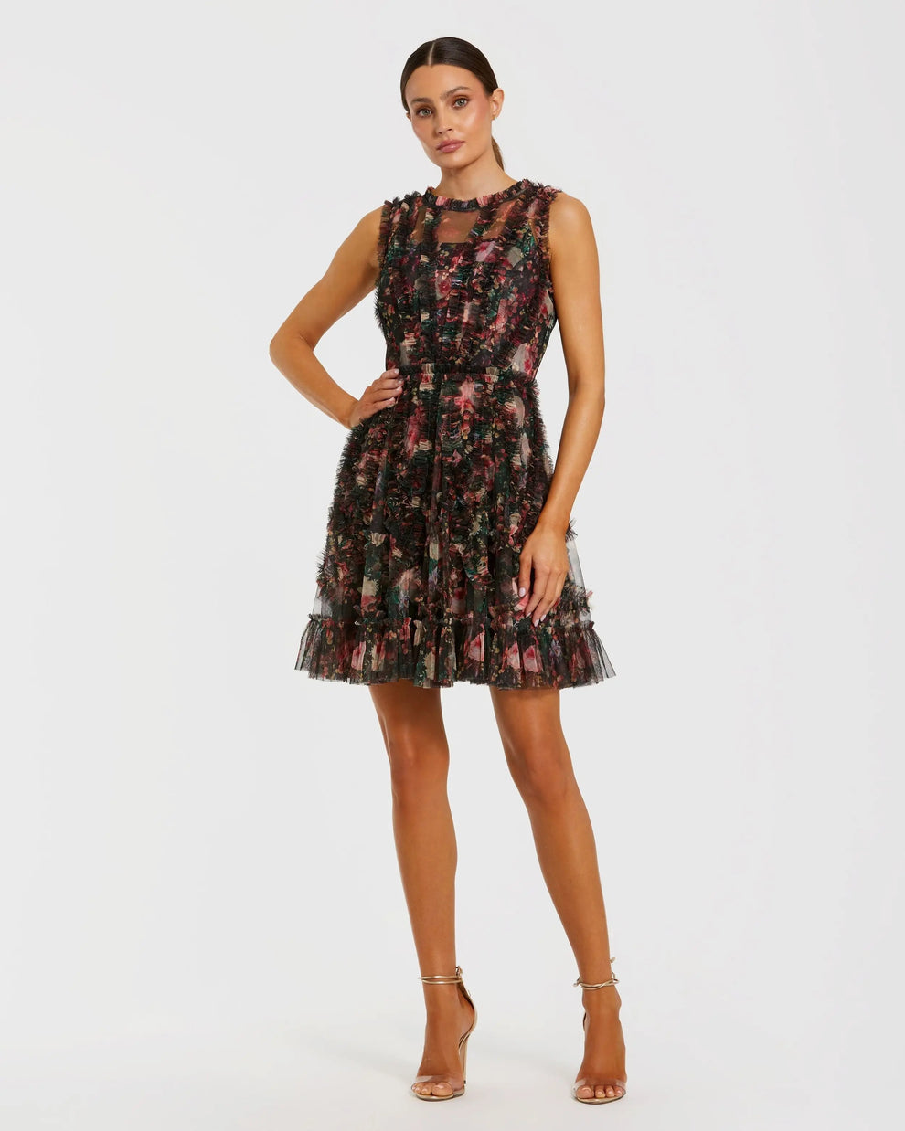 Cocktail Dresses Mini Ruffle Floral A Line Short Cocktail Dress Mac Duggal 8307 Black Multi