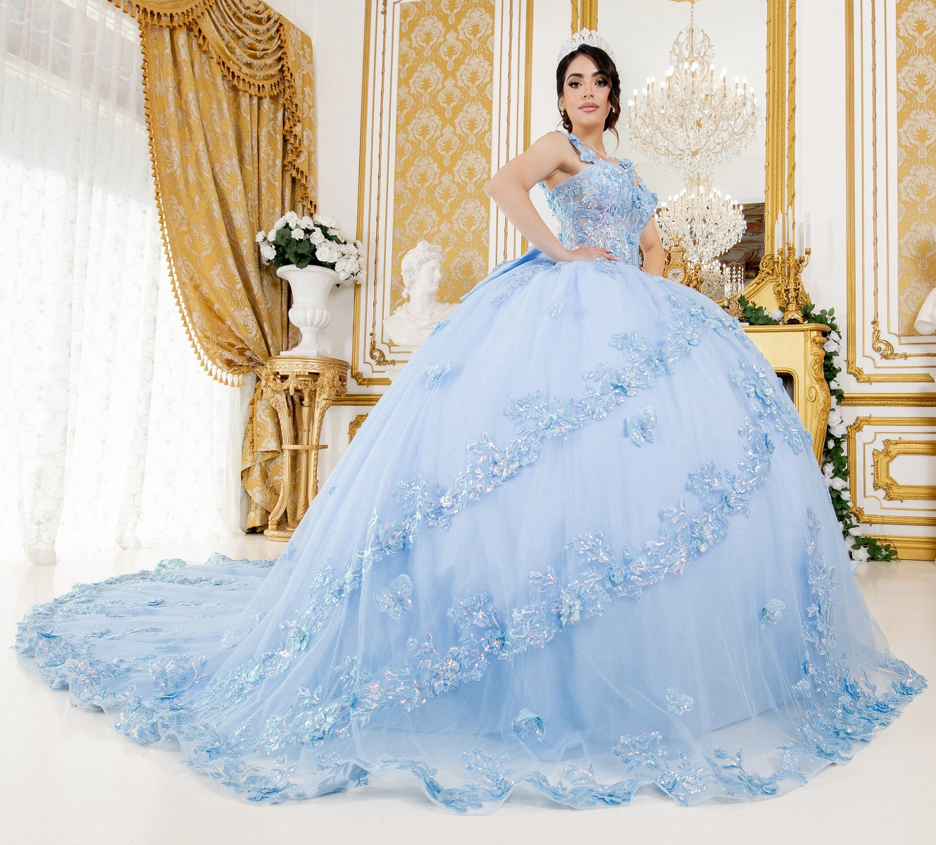 Cinderella Couture 8310J Long Ball Gown Lace Applique Quinceanera Dress