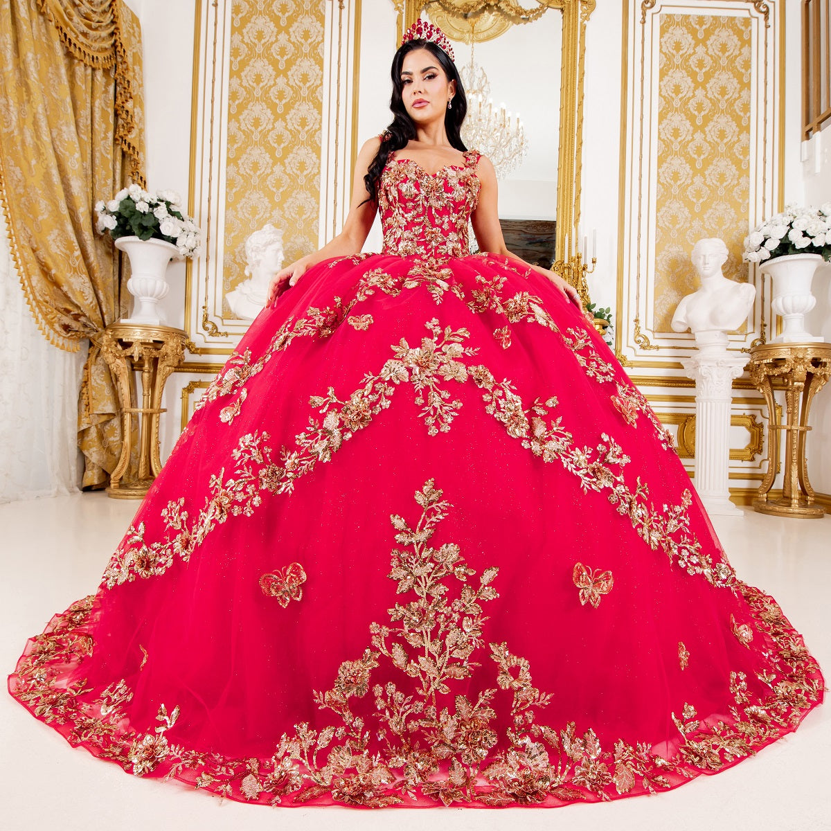 Quinceniera Dresses Long Ball Gown Lace Applique Quinceanera Dress Red/Gold
