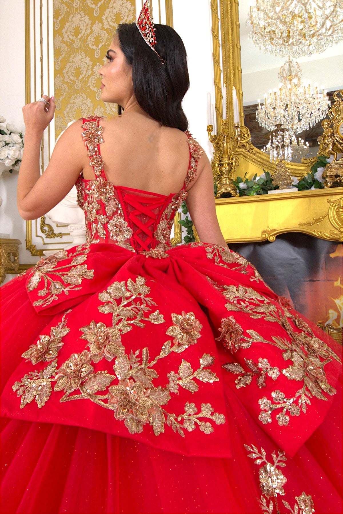 Quinceniera Dresses Long Ball Gown Lace Applique Quinceanera Dress Red/Gold