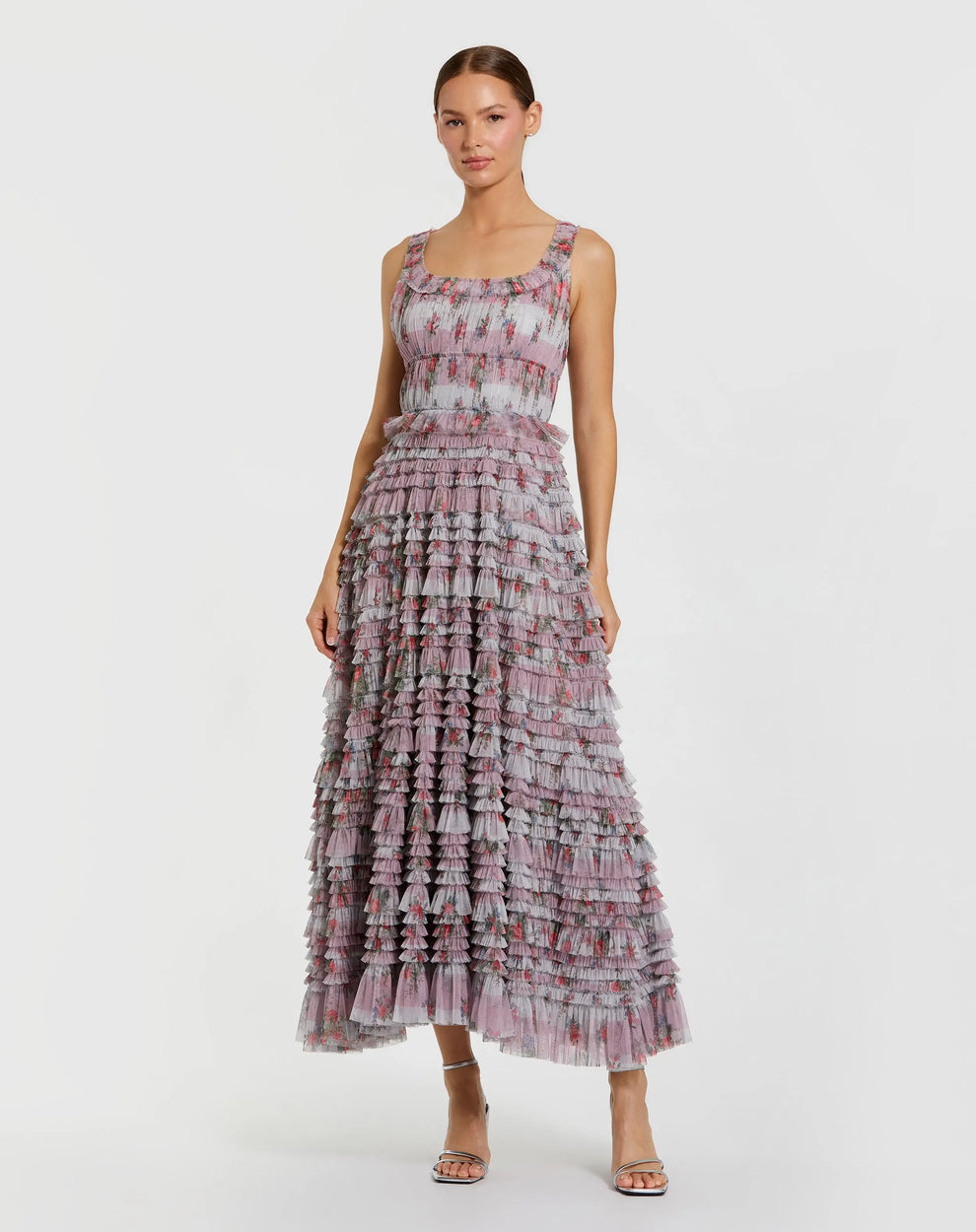 Mac Duggal - Purple Sleeveless Floral Midi Dress with Tiered Ruffles - Purple Multi / US 12 Mac Duggal - Purple Sleeveless Floral Midi Dress with Tiered Ruffles - Purple Multi / US 12