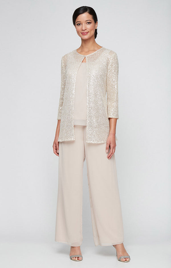 Scoop-Neck Full-Length Sequin Crochet and Chiffon Evening Twinset with 3/4 Sleeves Plus Size Alex Evenings 8415002
