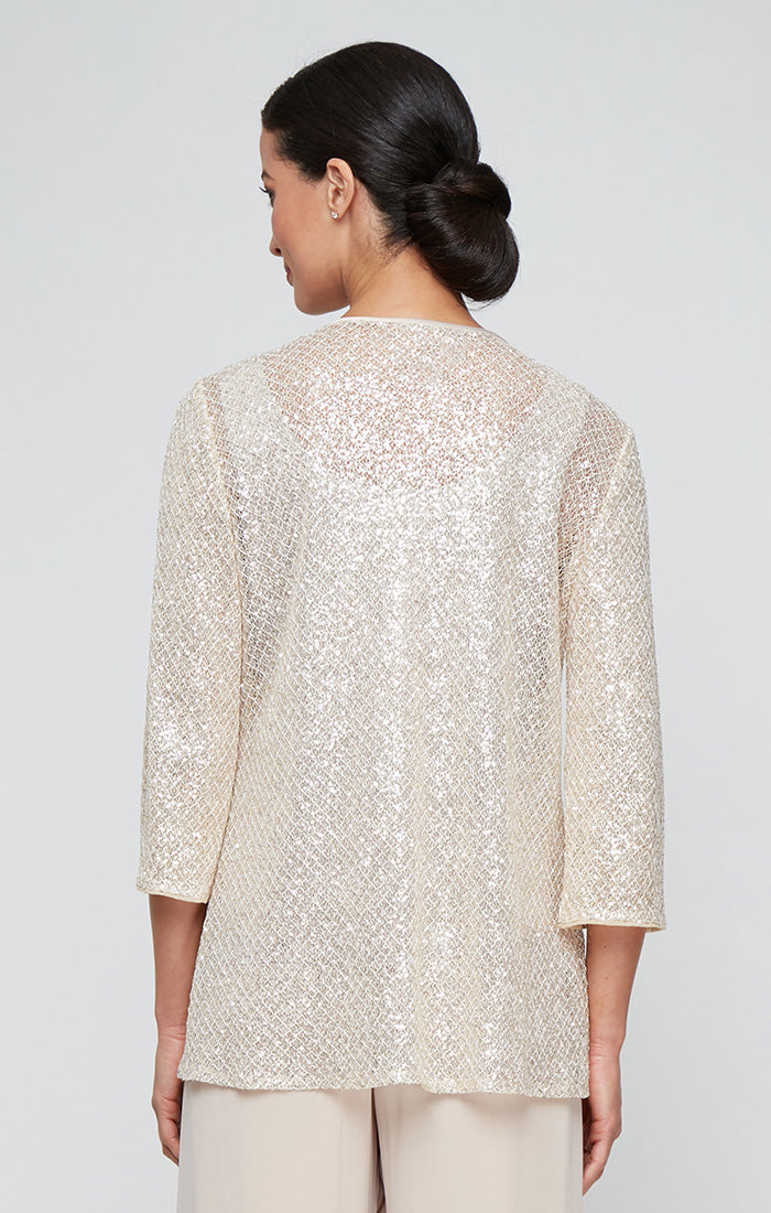 Taupe Scoop-Neck Full-Length Sequin Crochet and Chiffon Evening Twinset with 3/4 Sleeves Plus Size Alex Evenings 8415002