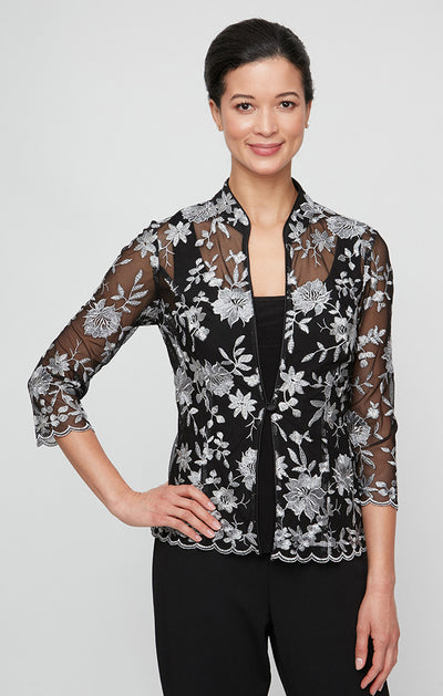 Black Silver Scoop Neck Tank Long Embroidered Twinset with Lace Jacket Alex Evenings 83171649