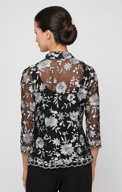 Black Silver Scoop Neck Tank Long Embroidered Twinset with Lace Jacket Alex Evenings 83171649