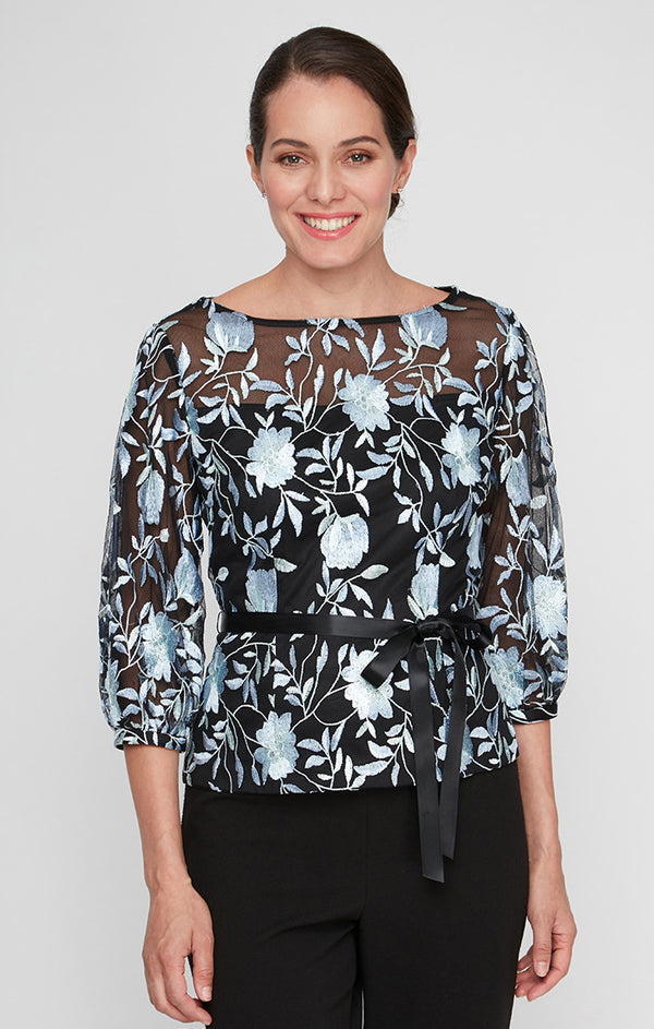 Black/Hydrangea Illusion Neckline 3/4 Sleeve Jacquard Blouse with Tie Belt Alex Evenings 82171709