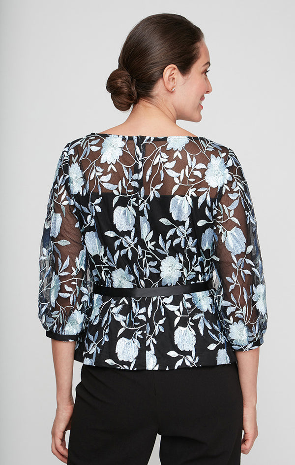 Black/Hydrangea Illusion Neckline 3/4 Sleeve Jacquard Blouse with Tie Belt Alex Evenings 82171709