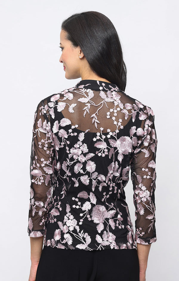 Black Shell Pnk Scoop Neck Hip-Length Embroidered Mesh Formal Top Jacket Alex Evenings 82171973