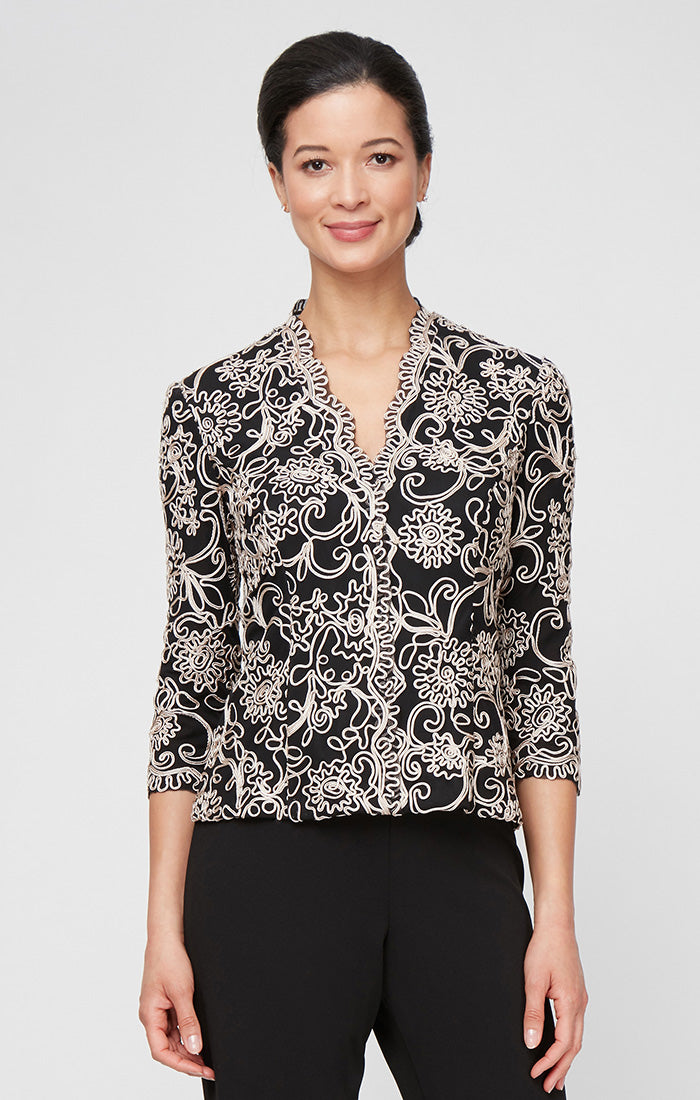 Top Scalloped V-Neck Waist-Length Lace Formal Top Embroidered Jacket Alex Evenings 8317458 Black/Taupe