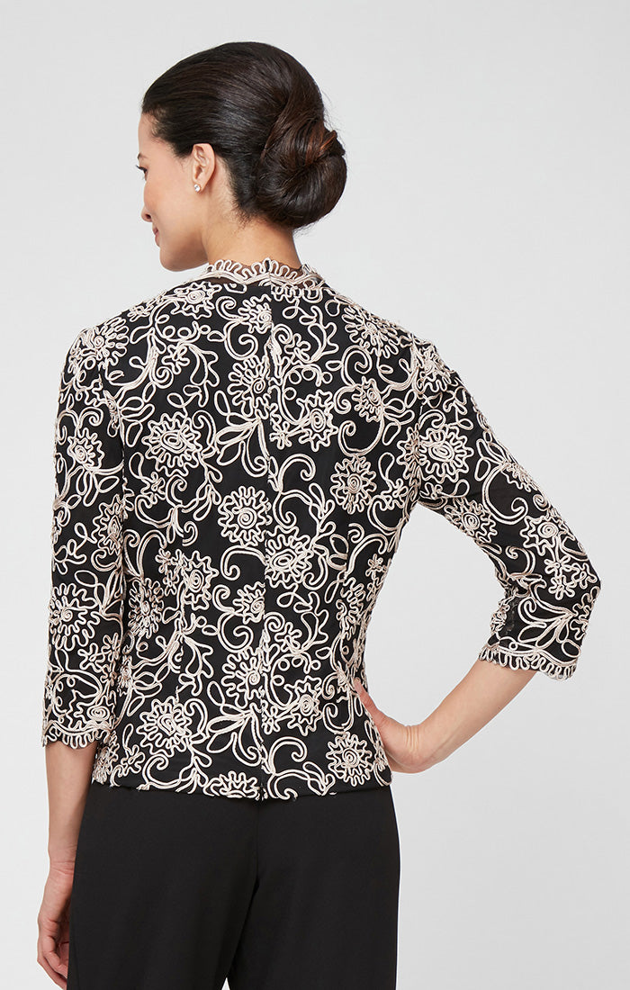 Top Scalloped V-Neck Waist-Length Lace Formal Top Embroidered Jacket Alex Evenings 8317458 Black/Taupe