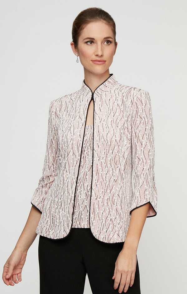 Shell Pink Mandarin Neck Short Shimmering Glitter Knit Formal Top with Jacket Alex Evenings 83211475