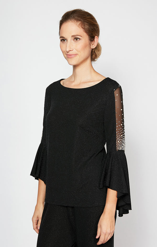 Black Bateau Neck Short Metallic Knit Blouse Top with Bell Sleeves Alex Evenings 8327523