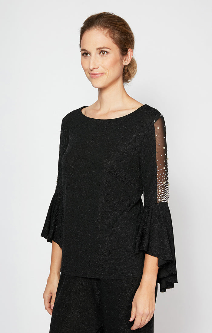 Black Bateau Metallic Knit Hip Length Formal Top with Sheer Beaded Bell Sleeves Petite Alex Evenings 8227523