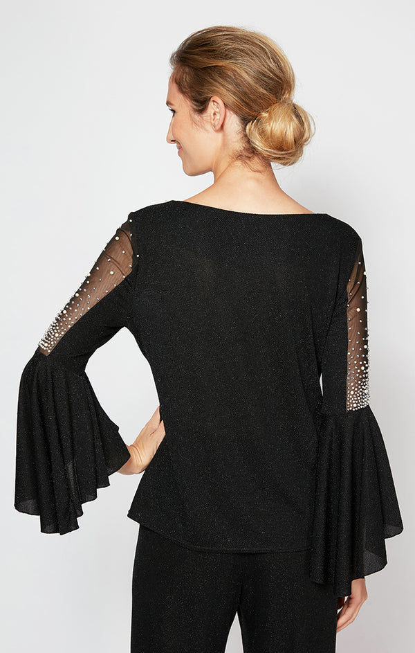 Black Bateau Neck Short Metallic Knit Blouse Top with Bell Sleeves Alex Evenings 8327523