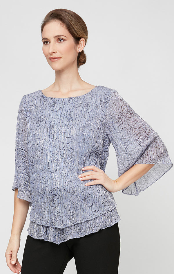 Lavender Bateau Neck Hip-Length Floral Glitter Knit Evening Top with and Bell Sleeves Alex Evenings 8327731