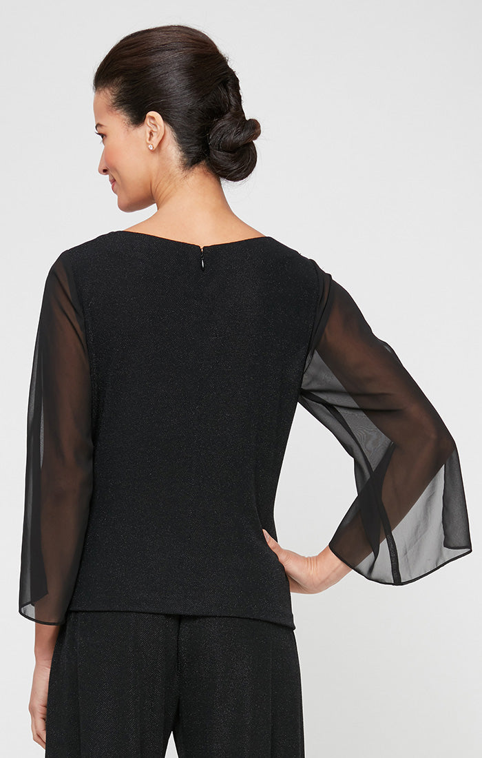 Black Boat-Neck Full-Length Metallic Knit Evening Top with Split Sleeves Petite Alex Evenings 8227777