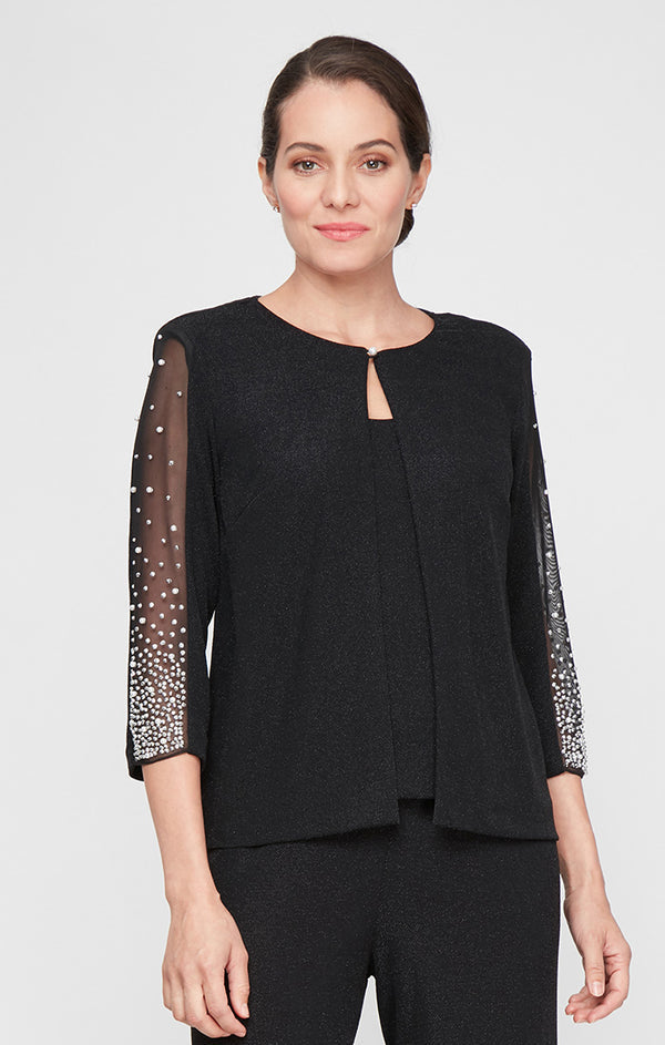 Top Jewel Neck Waist-Length Knit Formal Top Jacket with Beaded Mesh Sleeves Alex Evenings 8327812 Black