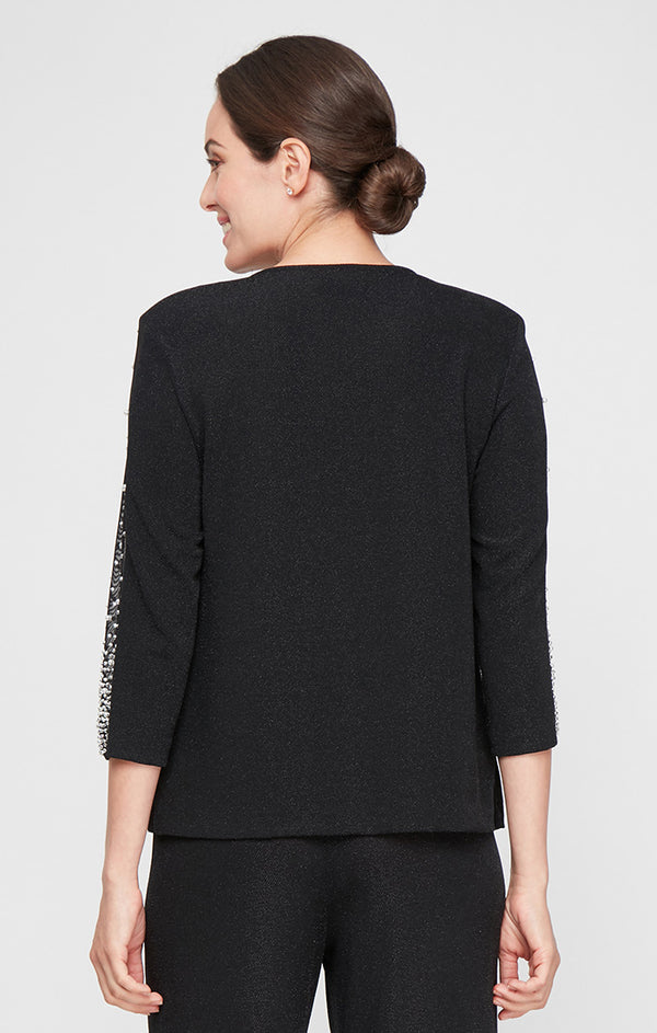 Top Jewel Neck Waist-Length Knit Formal Top Jacket with Beaded Mesh Sleeves Alex Evenings 8327812 Black