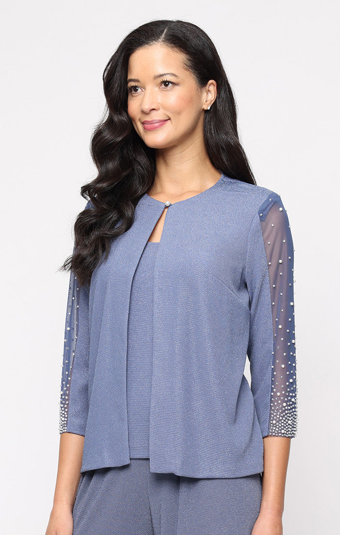 Top Jewel Neck Waist-Length Knit Formal Top Jacket with Beaded Mesh Sleeves Alex Evenings 8327812 Wedgewood