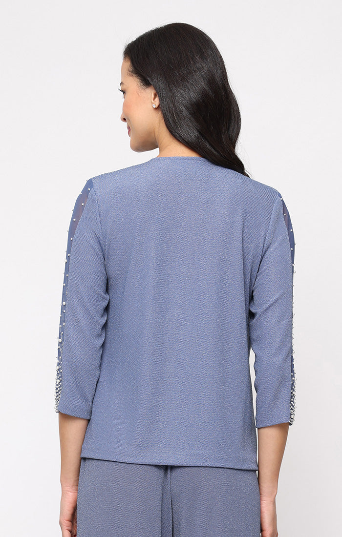 Top Jewel Neck Waist-Length Knit Formal Top Jacket with Beaded Mesh Sleeves Alex Evenings 8327812 Wedgewood