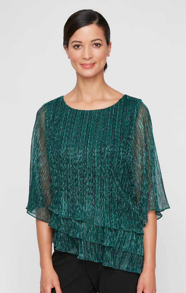 Black/Green Scoop Neck Hip Length Crinkle Formal Ruffle Top Alex Evenings 8327817