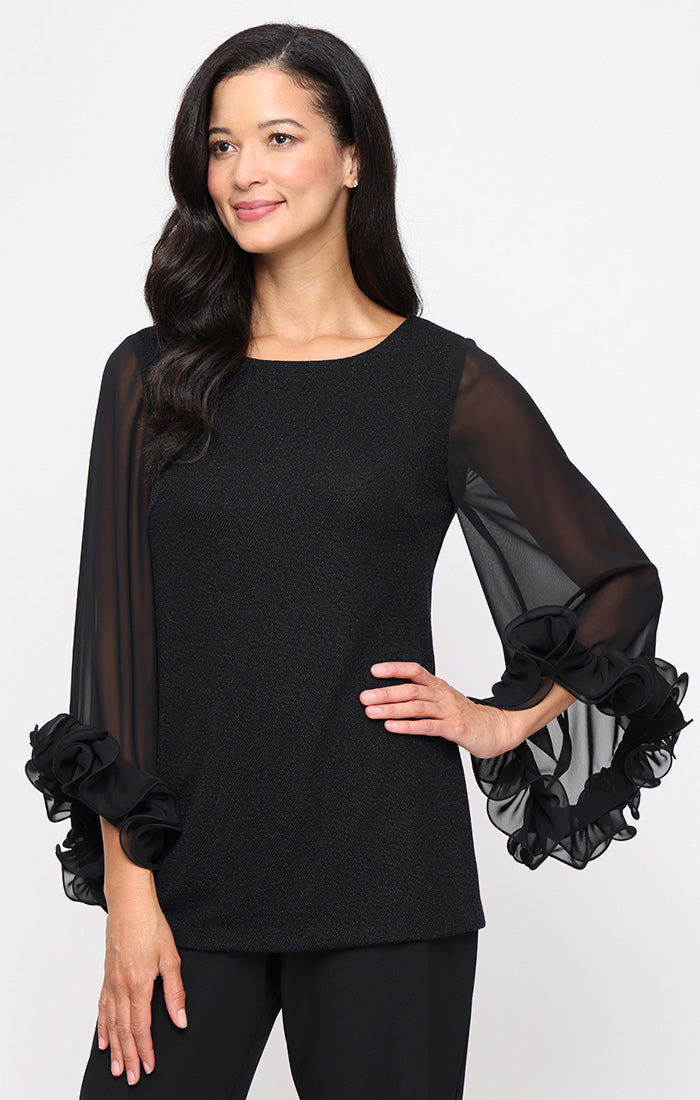 Top Ruffle Metallic Glitter Formal Top Black