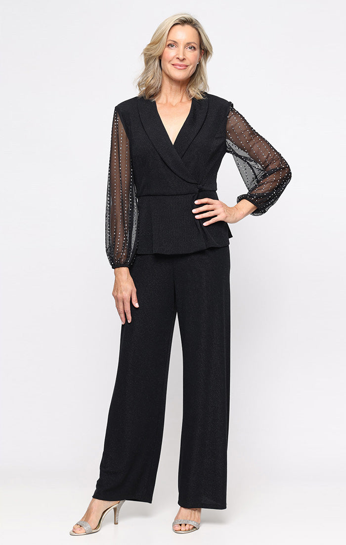 Top Collar Waist-Length Glitter Knit Formal Top Wrap Jacket with beaded Sleeves Alex Evenings 8327882 Black Silver
