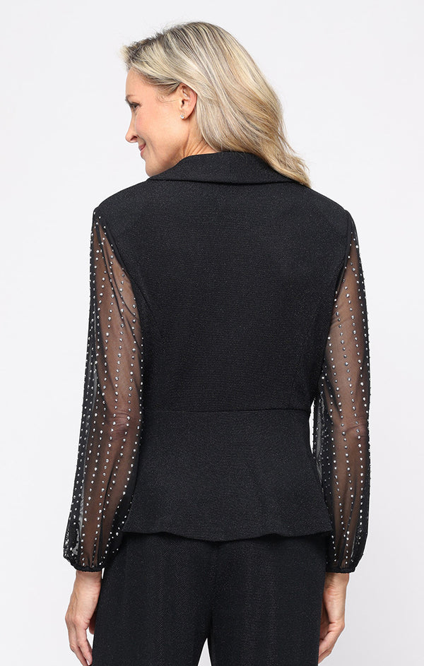 Top Collar Waist-Length Glitter Knit Formal Top Wrap Jacket with beaded Sleeves Alex Evenings 8327882 Black Silver