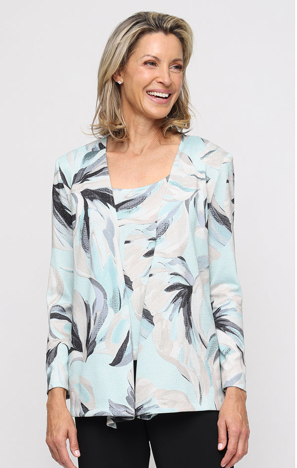Mint Multi Scoop Neck Printed Chiffon Two-Piece Top with Open Front Jacket Alex Evenings 8427900