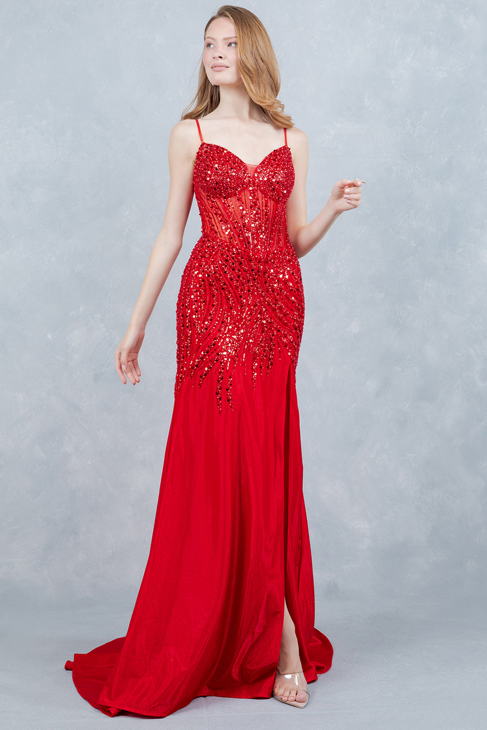Prom Dresses Long Formal Sequin Slit Evening Prom Dress Cinderella Couture 8329J Red