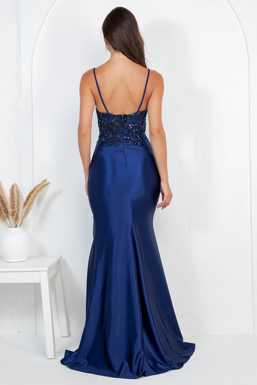 Prom Dresses Long Formal Slit Floral Applique Sequin Corset Prom Dress Cinderella Couture 8334J Navy