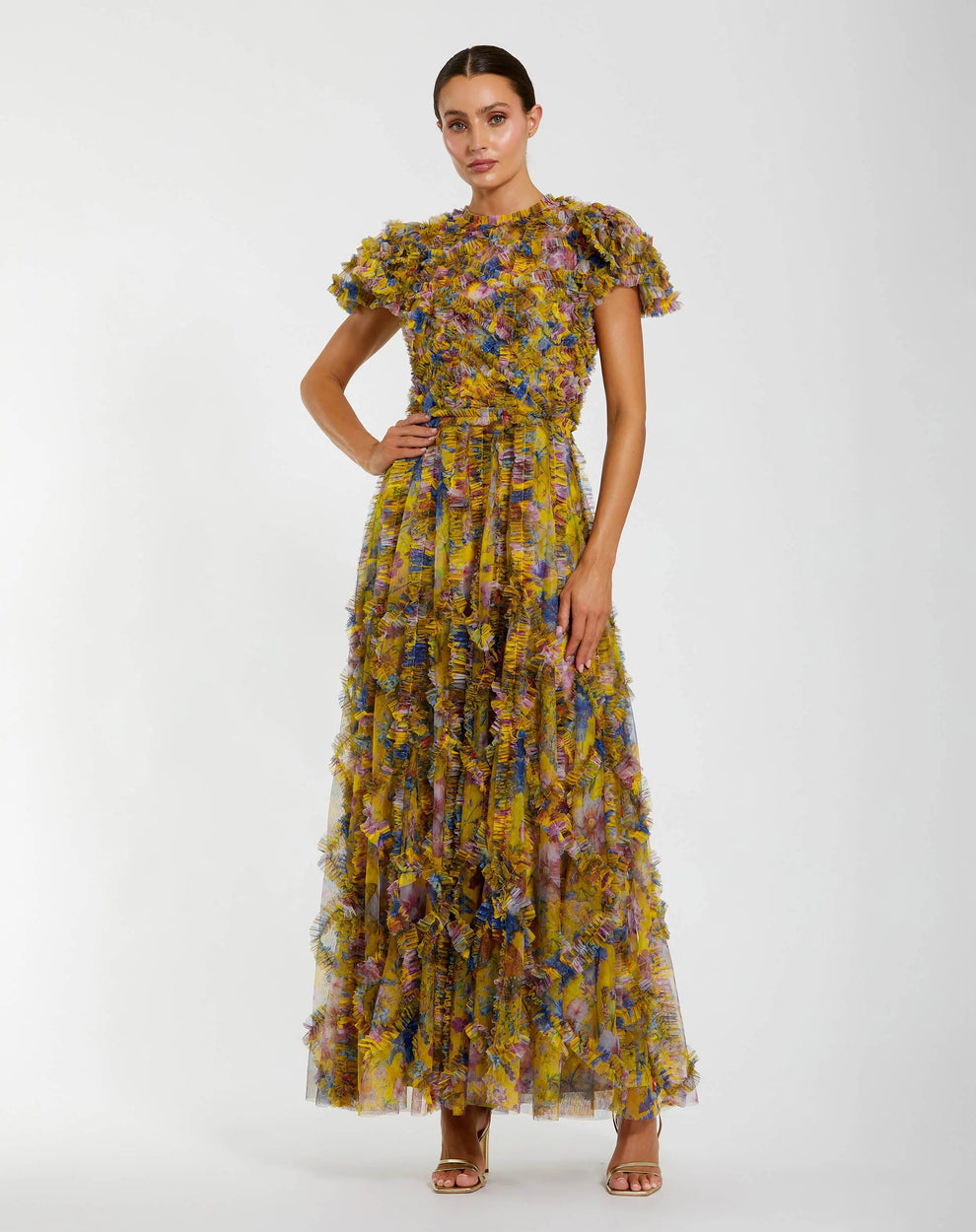 Cocktail Dresses Tea Length Short Floral Ruffle Cocktail Dress Mac Duggal 8338 Yellow Multi
